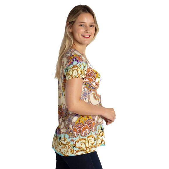 Johnny Was Janie Favorite Scroll Tee Short Sleeve V Neck Shirt White Gold Top NW - Picture 5 of 10